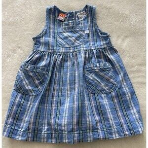 Vintage Mc Kids Pinafore Dress 2T Plaid Blue Sleeveless Jumper Dress Pockets
